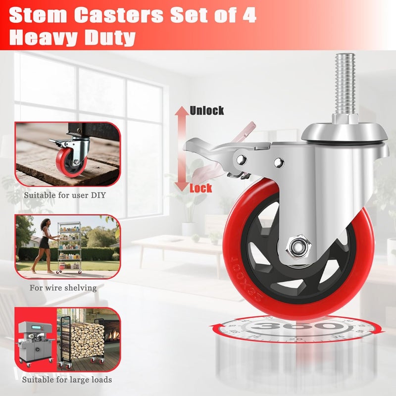 Julang 5 Inch Stem Caster Wheels Heavy Duty, 1/2 Threaded Stem Casters Set of 4 (1/2"-13x1.25) - 2800 LBS Load Capacity, PE Wheels for Machinery, Carts, Dollies, Workbenches & Furniture - Image 4